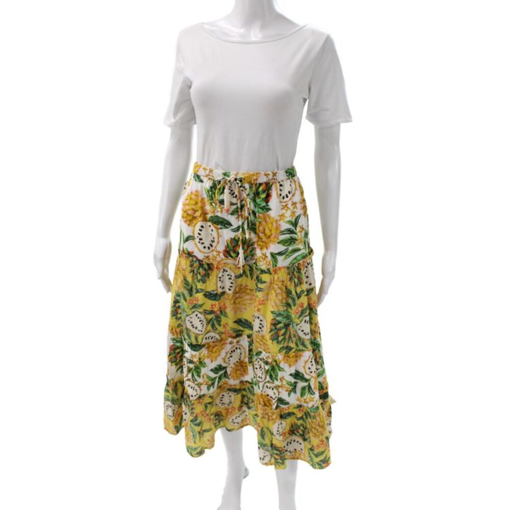 Farm Rio Women Peasant Floral Yellow Cotton Linen Rayon Long Skirt Size XS